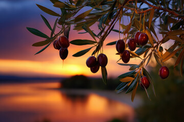 Olive branches with ripe fruit against a vibrant sunset sky