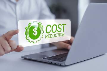 Businessman Using Laptop with Virtual Cost Reduction Screen – Low Cost, High Profit, and Business Efficiency Concept

