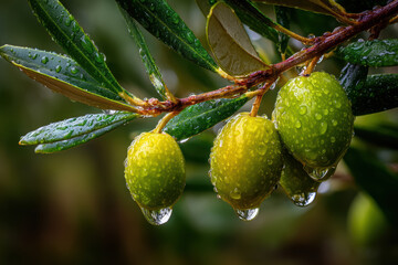 Ripe green olives with dew on a sunlit olive tree branch