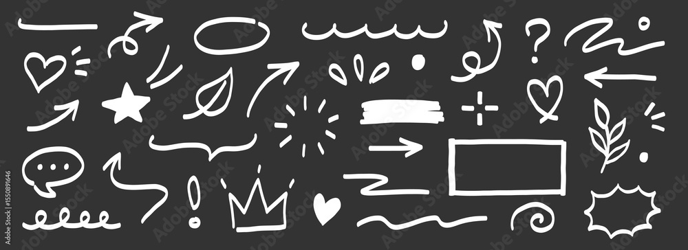 Poster hand marker line icon brush set. chalk underline, arrow, frame and stroke in white on black chalkboa