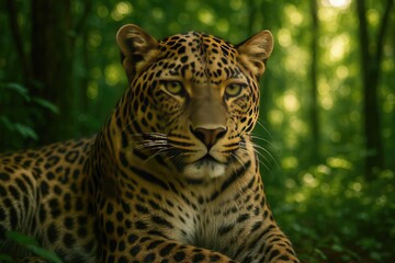 Obraz premium Closeup portrait of a majestic leopard in a lush green forest