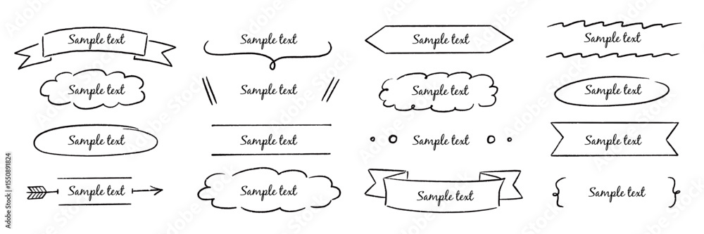 Poster text box hand drawn frame title banner set. hand drawn doodle line banner, ribbon line label memo sh