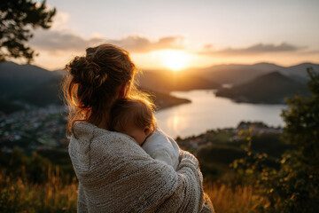 Mother embraces baby while watching sunset at scenic overlook