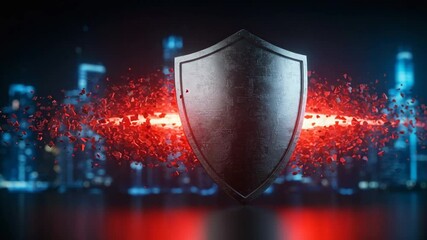 Metallic shield with red particles in a futuristic cityscape background - Powered by Adobe