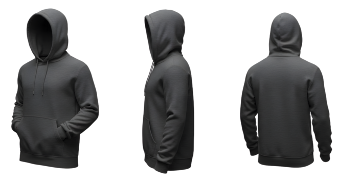 A gray hoodie displayed from multiple angles against a plain background, showcasing its design and texture