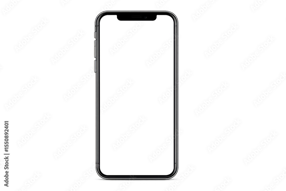 Poster smartphone displaying minimalist app interface, white screen against transparent backdrop