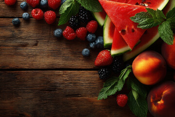 Summer fruits on a rustic wooden table create a vibrant display