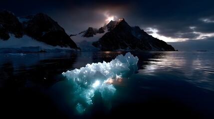Majestic iceberg illuminated in blue-green hues against dark mountain backdrop during twilight