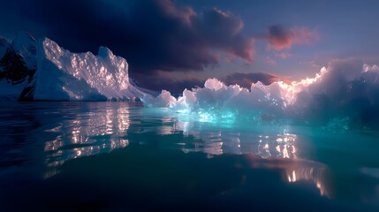 Majestic iceberg reflects blue-green hues at sunset in a tranquil polar landscape