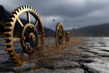 Fragmented clock gears scatter in a storm of sparks and dust