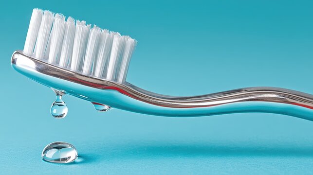 Water droplets falling from a rinsed toothbrush, slow-motion effect, captivating visuals
