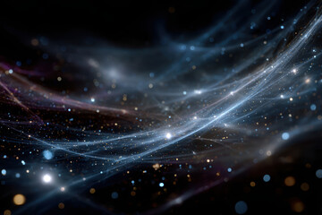 Glowing data threads weave through a dark void in vivid colors