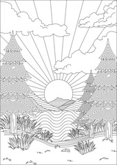 Sea Landscape Coloring Page Line Art Vector