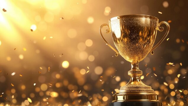 Golden trophy amidst a celebratory bokeh background