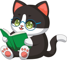 Fat Happy Cat Reading Cartoon Vector
