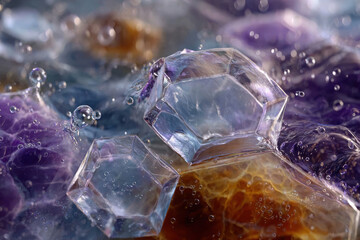 Glowing cubes and hexagons dissolve into flowing liquid streams