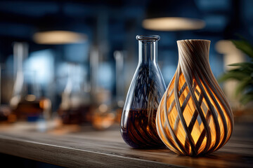 Futuristic 3D printed objects showcase intricate designs in lab