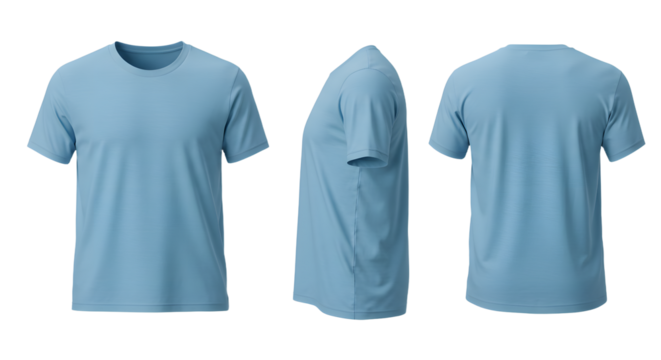 A set of three perspectives showcasing a light blue t-shirt, ideal for casual wear, displayed against a neutral background