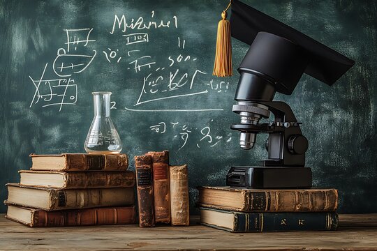 Microscope and Mortarboard on Stacked Books Against Chalkboard with Equations; Education Science Concept