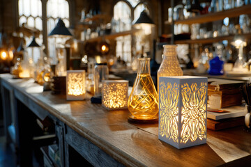 Intricate 3D printed objects illuminated in high tech lab setting