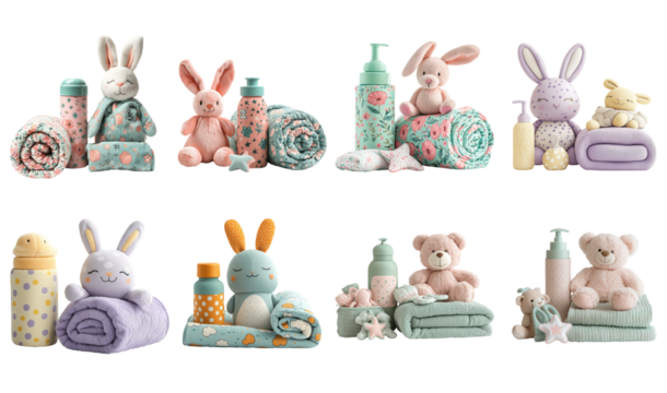 Colorful Baby Essentials with Plush Toys and Towels in Soft Pastels for Nursery
