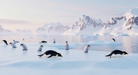 Penguins on ice floes in snowy landscape