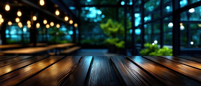 Wooden table top in a night outdoor cafe