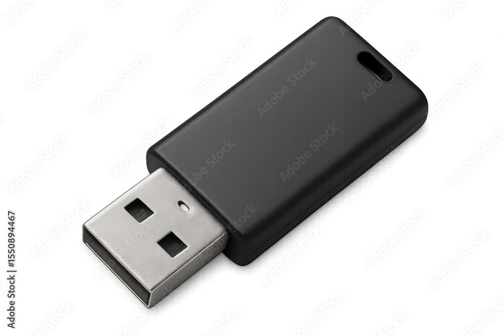 Poster close-up of a black usb flash drive lying on a transparent background, ready for data storage and tr