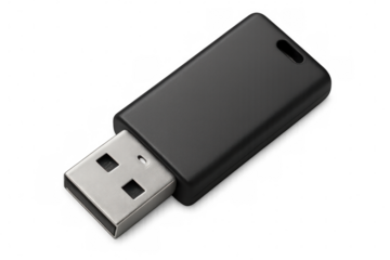 Close-up of a black usb flash drive lying on a transparent background, ready for data storage and transfer