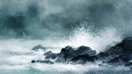 Stormy waves crashing against dark rocks.