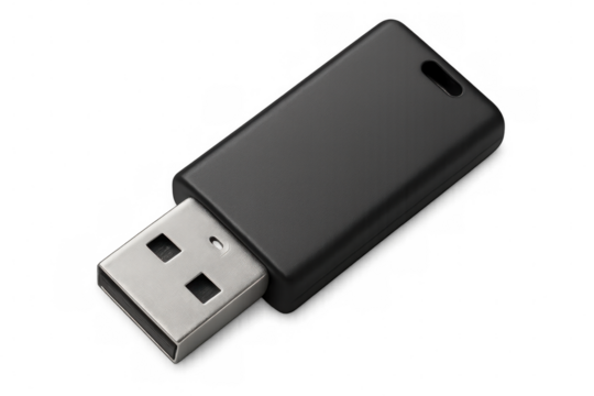 Close-up of a black usb flash drive lying on a transparent background, ready for data storage and transfer