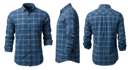 A stylish blue checkered shirt displayed from multiple angles on a transparent background, ideal for fashion catalogs