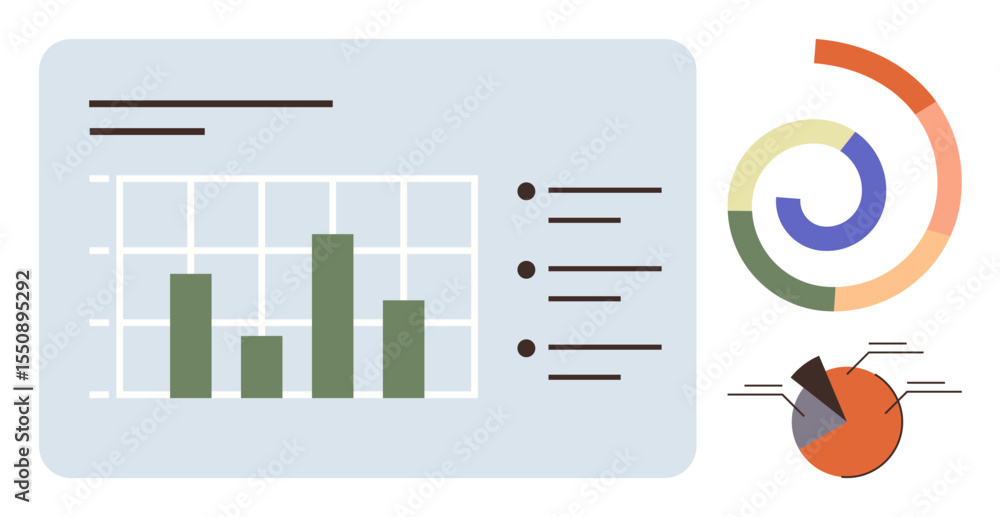 Poster bar chart, segmented pie chart, and circular diagram for analysis and data display. ideal for busine