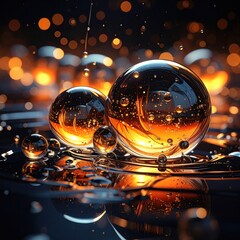 Glowing Glass Spheres with Abstract Background, Fire, and Water.