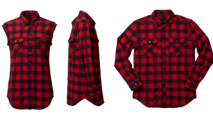 A stylish red and black checkered flannel shirt displayed from multiple angles, showcasing its design and fabric texture