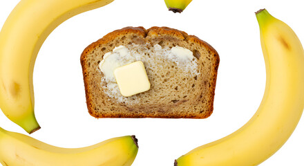 A top-down view of a slice of buttered banana bread surrounded by ripe bananas, suggesting a delicious snack or breakfast idea
