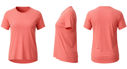 A vibrant coral t-shirt displayed from multiple angles, showcasing its smooth fabric and casual style against a neutral backdrop