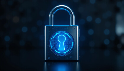 Cybersecurity shield with padlock, data protection, interconnected nodes, technology background, digital security concept.