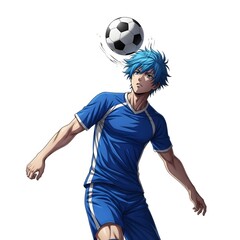 Anime style young man with blue hair playing soccer heading the ball during a match on a white background