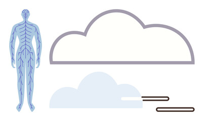 Human nervous system diagram connected to cloud outline, signifying data, tech, and biology. Ideal for healthcare, networks, AI, biometrics cloud computing innovation. Simple flat metaphor
