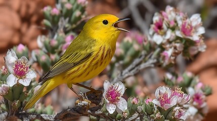 Yellow Warbler Singing Amidst Blossoms