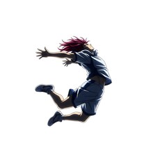 Dynamic anime character with vibrant red hair in mid air jump wearing a basketball uniform with arms outstretched