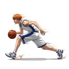 Energetic young anime basketball player with orange hair dribbling a ball at high speed on a white background