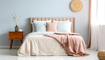 Cozy Bedroom Interior with Soft Blue Walls and Minimalist Decor