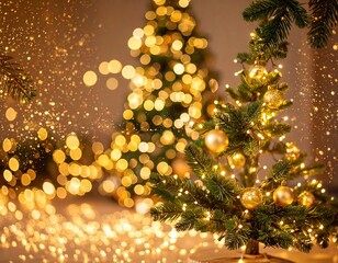 Golden Christmas Tree Lights Bokeh Background.