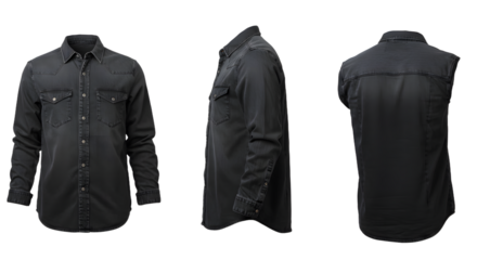 Black long-sleeve shirt displayed from multiple angles, showcasing its design and fabric texture against a plain background