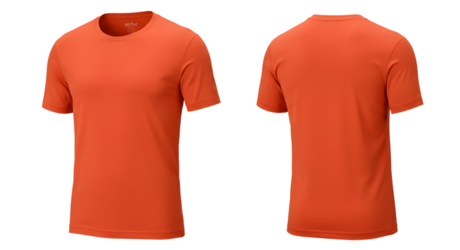 Bright orange athletic t-shirt displayed from front and back, set against a neutral background for online retail showcasing