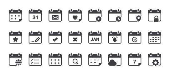 Calendar icon set. Solid web icons. Vector illustration