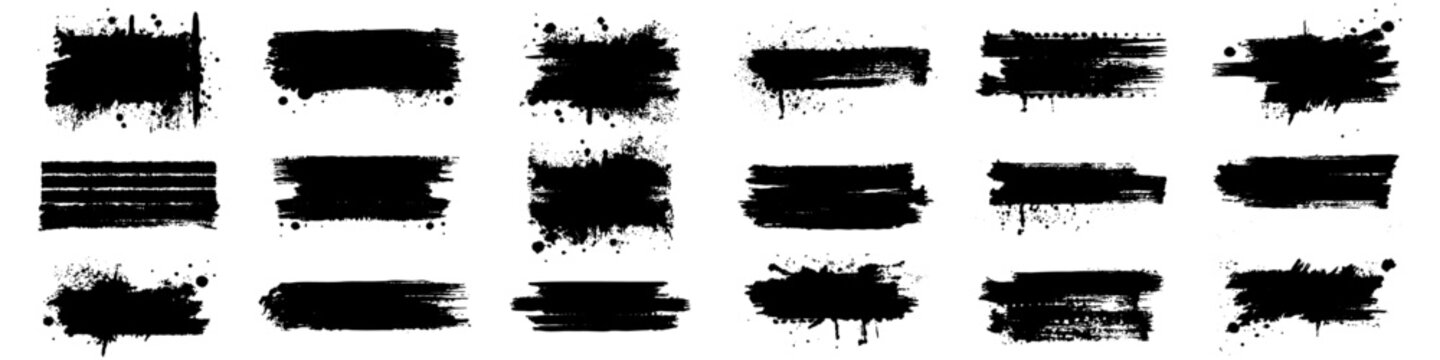 Ink stencil brush strokes and grunge lines with paint splashes drawn in a rectangular shaped composition for text, callouts. Brush strokes in dirty style with drops blots. Grunge banners. Vector set