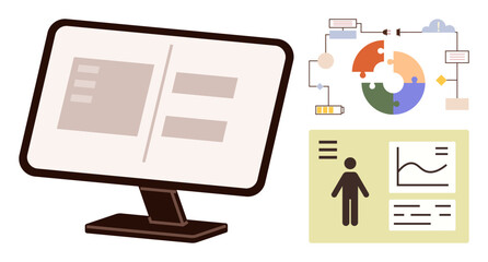 Fototapeta premium Computer monitor with split interface, infographic puzzle chart, and user profile card. Ideal for analytics, UX design, research, workflow, data display, technology simple flat metaphor